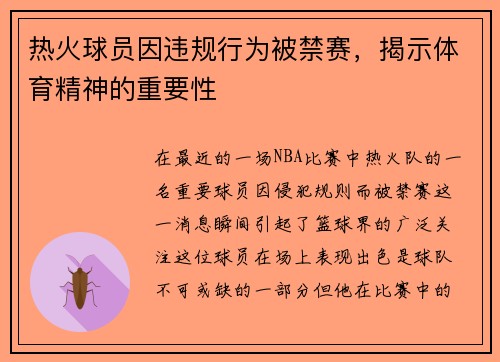 热火球员因违规行为被禁赛，揭示体育精神的重要性